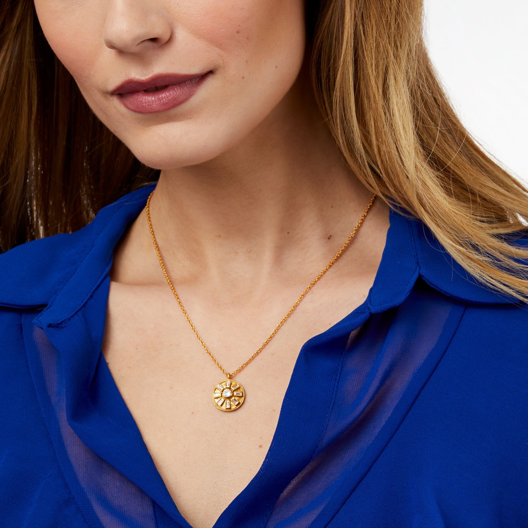 Aurora Solitaire Necklace on model in CZ; carousel