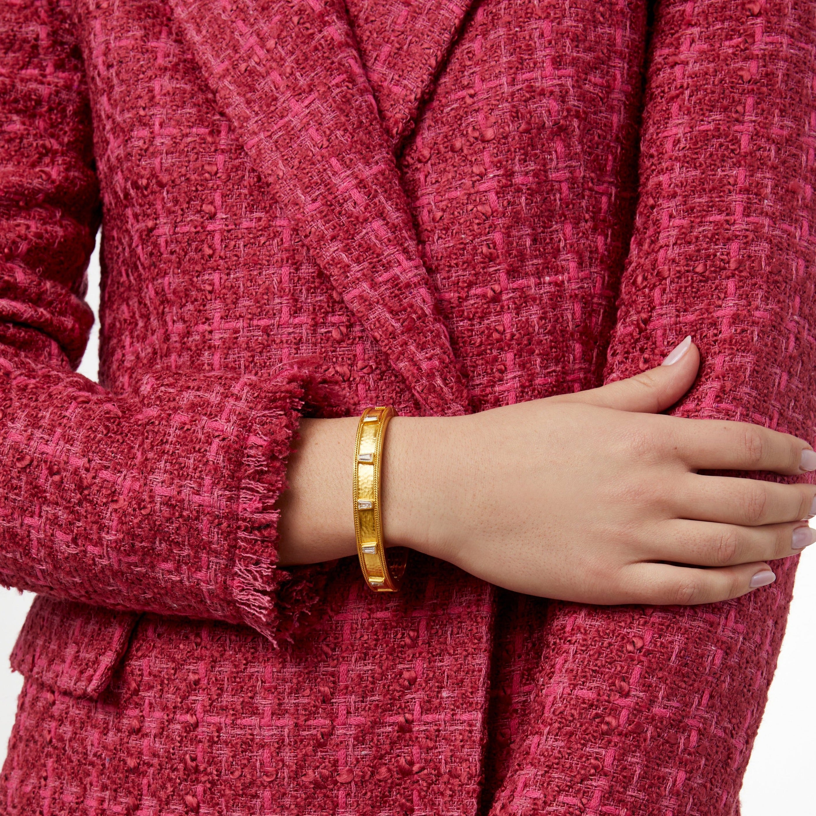 Aurora Stone Hinge Bangle on model in CZ; carousel