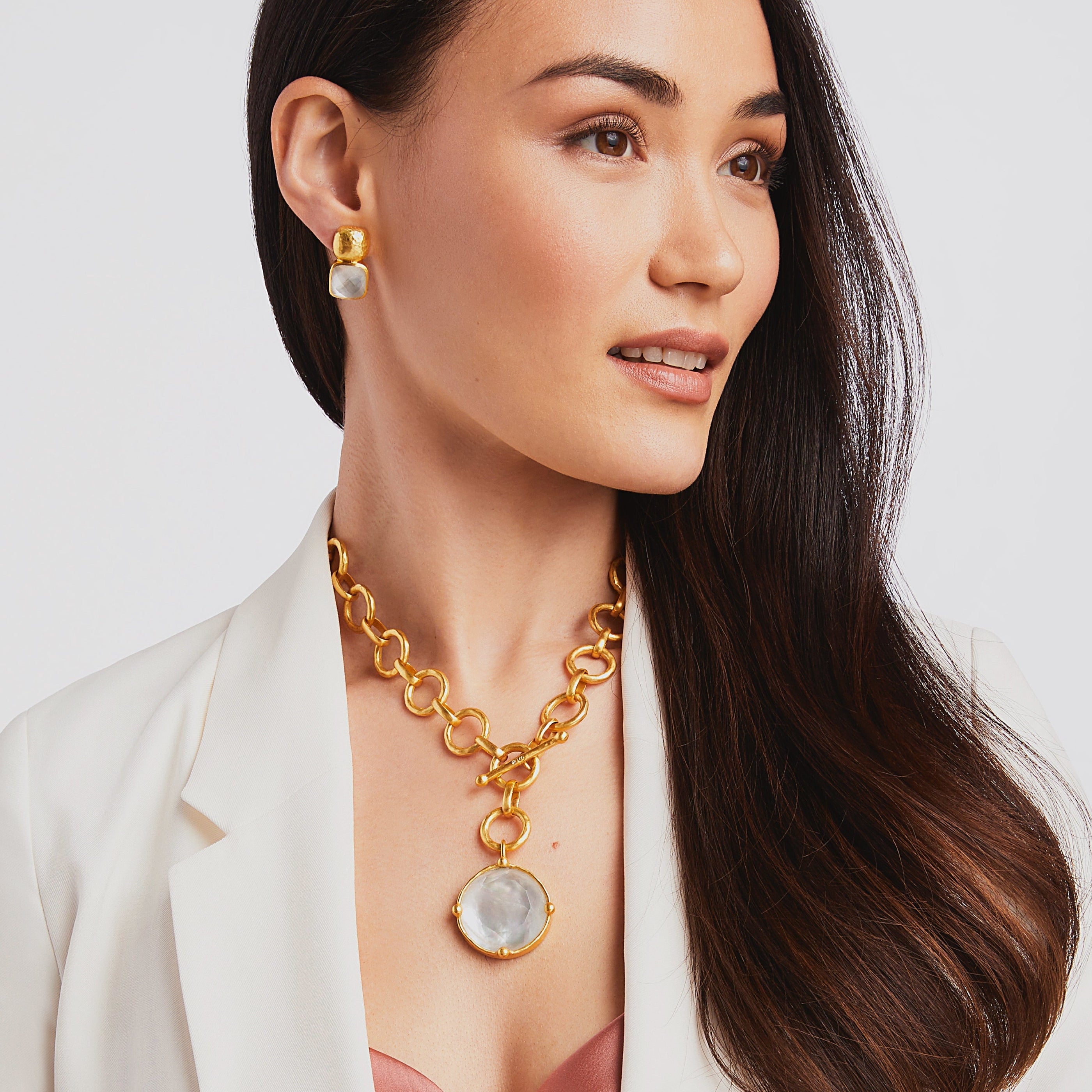 carousel, roll-over {{ PDP Model wearing Iridescent Clear Crystal }}